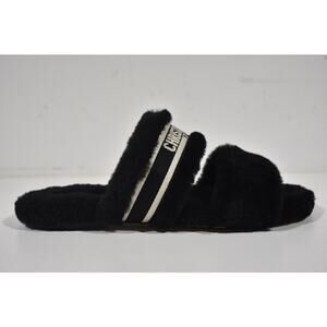 Christian Dior Chez Moi Black Shearling Fur White Logo Slide Flat Sandal 37.5